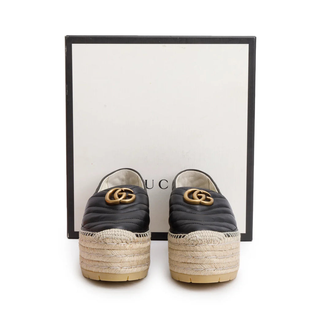 Black Nappa Matelasse GG Marmont Platform Espadrilles, Size 38 w/ Box