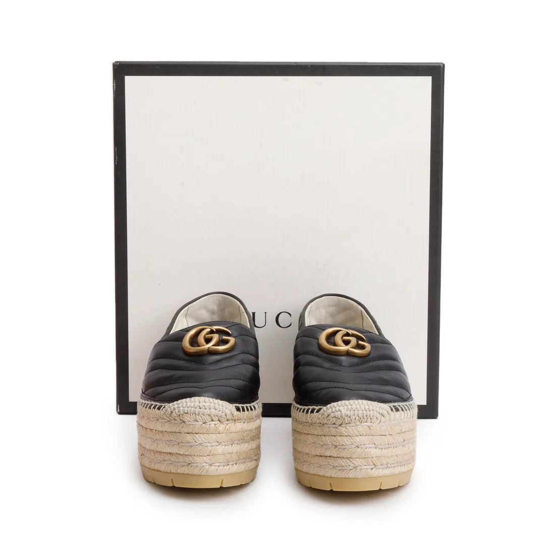 Black Nappa Matelasse GG Marmont Platform Espadrilles, Size 38 w/ Box