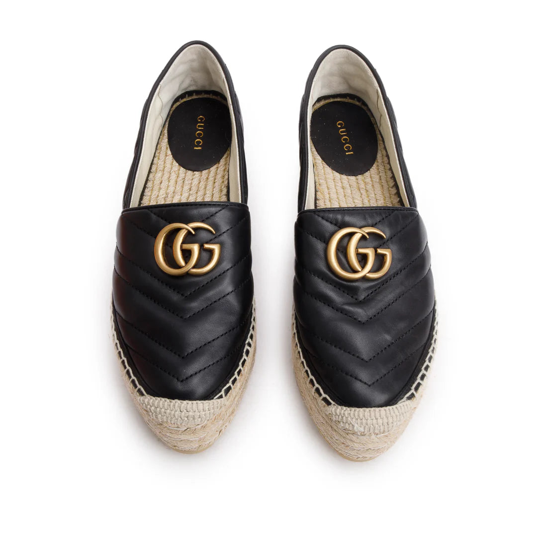 Black Nappa Matelasse GG Marmont Platform Espadrilles, Size 38 w/ Box
