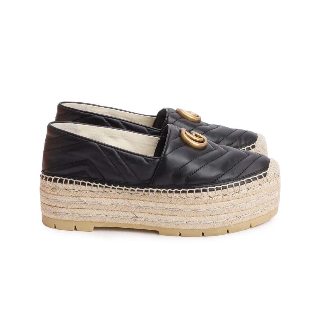Black Nappa Matelasse GG Marmont Platform Espadrilles, Size 38 w/ Box