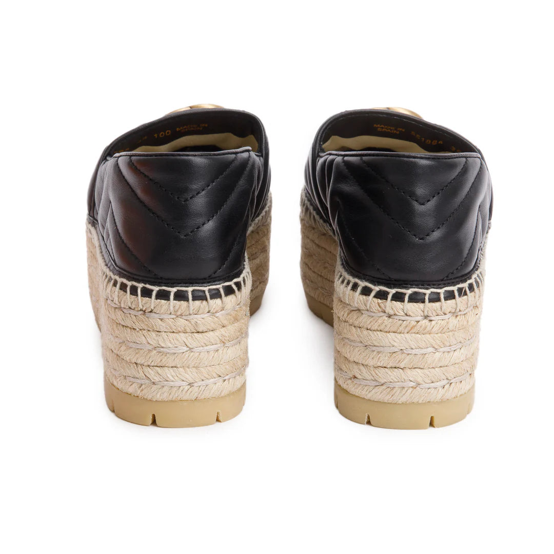 Black Nappa Matelasse GG Marmont Platform Espadrilles, Size 38 w/ Box