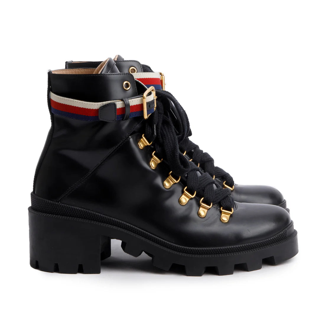 Black Calfskin Leather Web Slyvie Lace Up Combat Boots, Size 40 w/ B