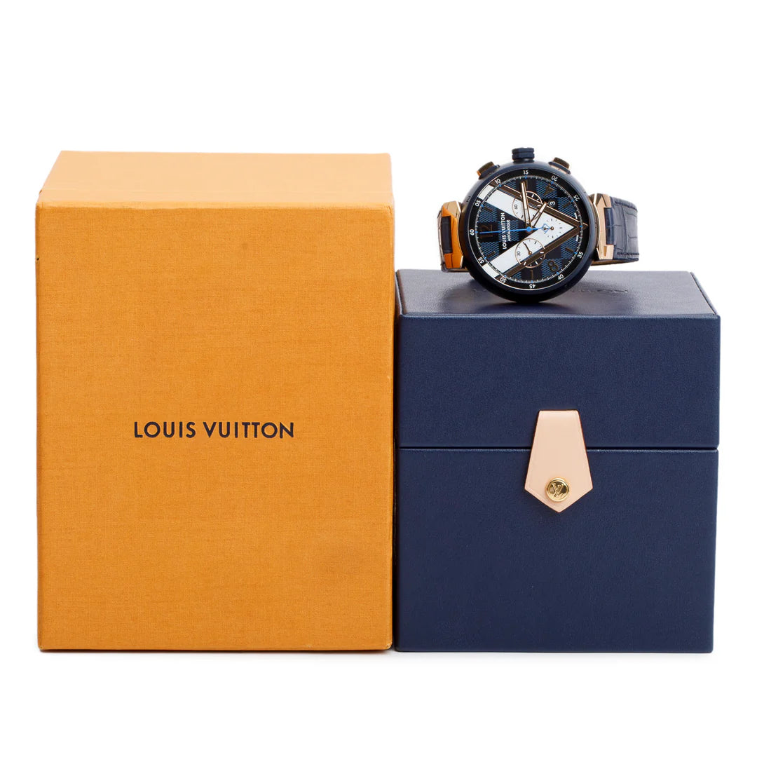 Rose Gold Plated Stainless Steel &amp; Blue PVD Tambour 46 MM Automatic Chronograph Watch Damier Cobalt V Dial QA090 w/ Box