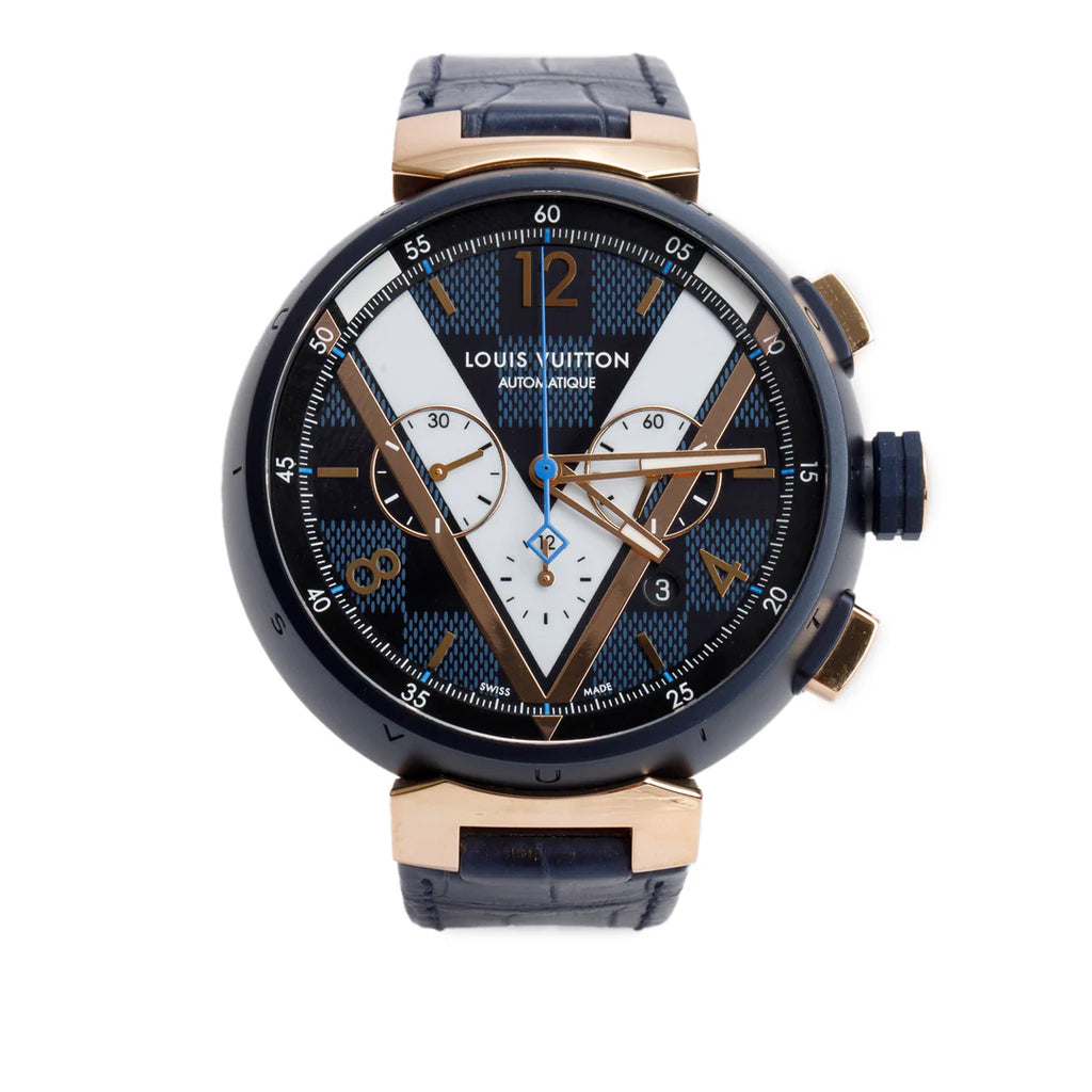 Rose Gold Plated Stainless Steel &amp; Blue PVD Tambour 46 MM Automatic Chronograph Watch Damier Cobalt V Dial QA090 w/ Box