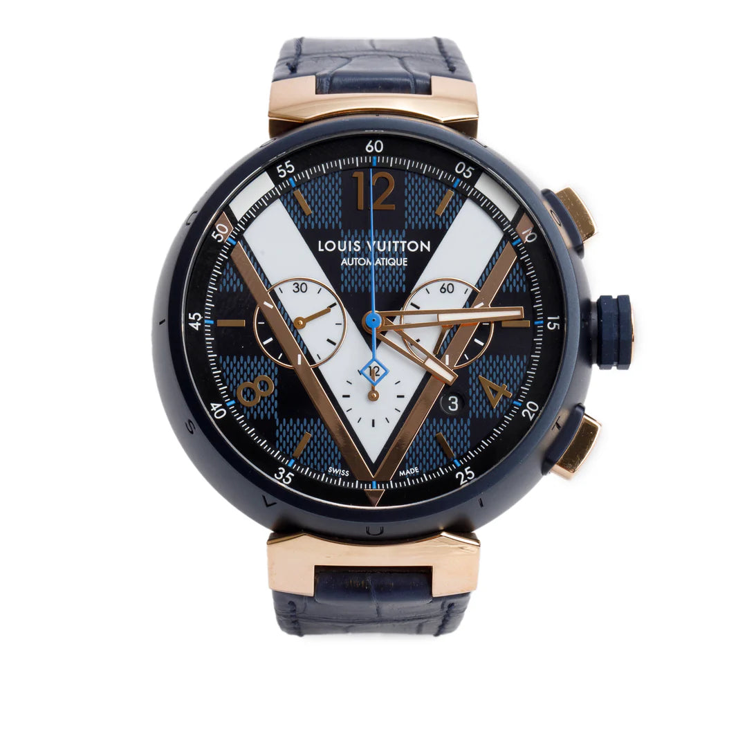 Rose Gold Plated Stainless Steel &amp; Blue PVD Tambour 46 MM Automatic Chronograph Watch Damier Cobalt V Dial QA090 w/ Box