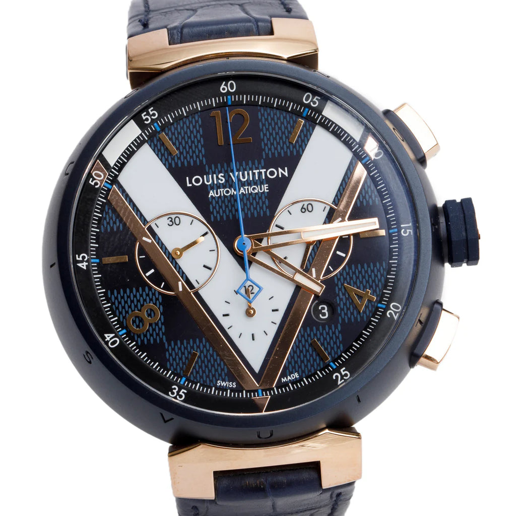 Rose Gold Plated Stainless Steel &amp; Blue PVD Tambour 46 MM Automatic Chronograph Watch Damier Cobalt V Dial QA090 w/ Box