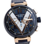Rose Gold Plated Stainless Steel &amp; Blue PVD Tambour 46 MM Automatic Chronograph Watch Damier Cobalt V Dial QA090 w/ Box