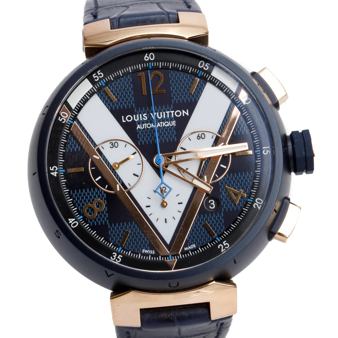 Rose Gold Plated Stainless Steel &amp; Blue PVD Tambour 46 MM Automatic Chronograph Watch Damier Cobalt V Dial QA090 w/ Box