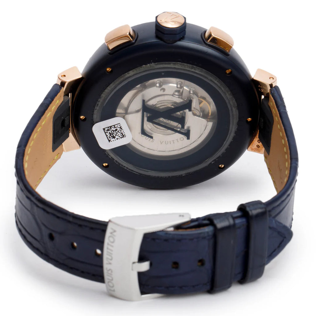 Rose Gold Plated Stainless Steel &amp; Blue PVD Tambour 46 MM Automatic Chronograph Watch Damier Cobalt V Dial QA090 w/ Box