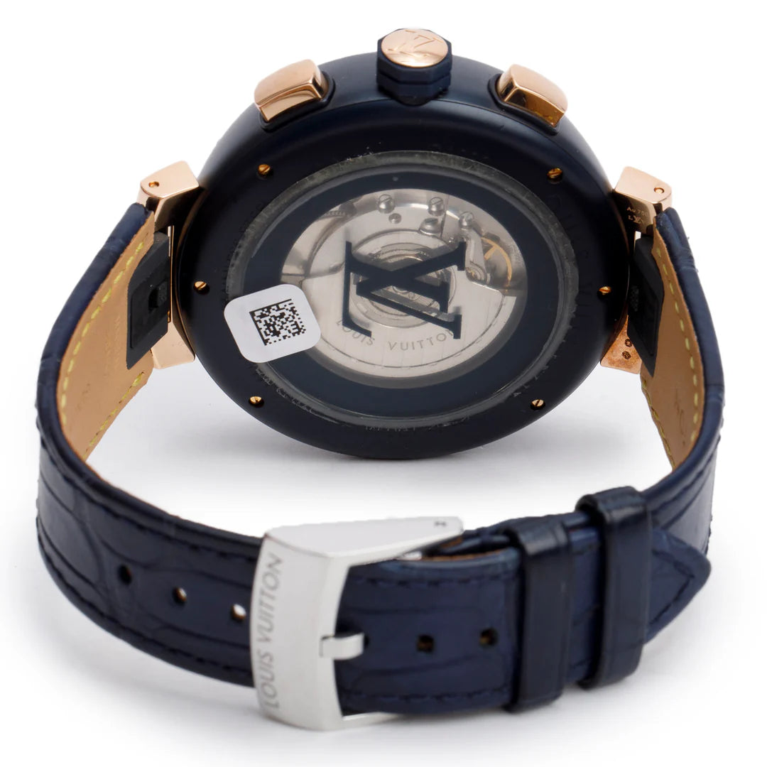 Rose Gold Plated Stainless Steel &amp; Blue PVD Tambour 46 MM Automatic Chronograph Watch Damier Cobalt V Dial QA090 w/ Box