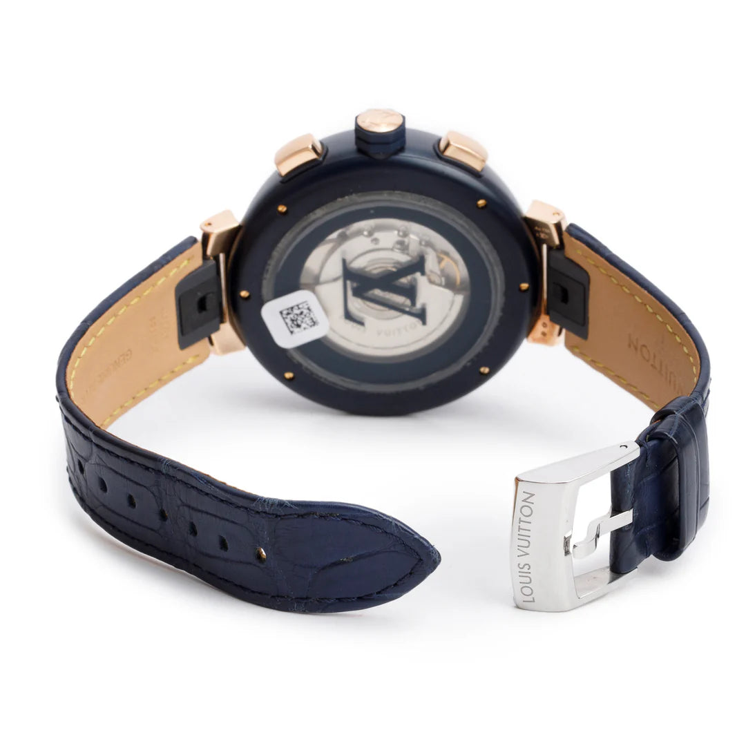 Rose Gold Plated Stainless Steel &amp; Blue PVD Tambour 46 MM Automatic Chronograph Watch Damier Cobalt V Dial QA090 w/ Box
