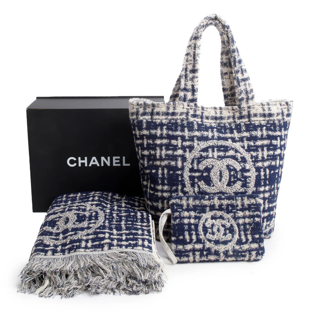 2023 Blue Terry Cloth CC Beach Tote Set w/ Pouch, Towel, Box &amp; Receipt