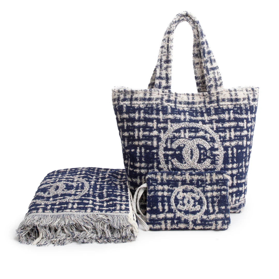 2023 Blue Terry Cloth CC Beach Tote Set w/ Pouch, Towel, Box &amp; Receipt