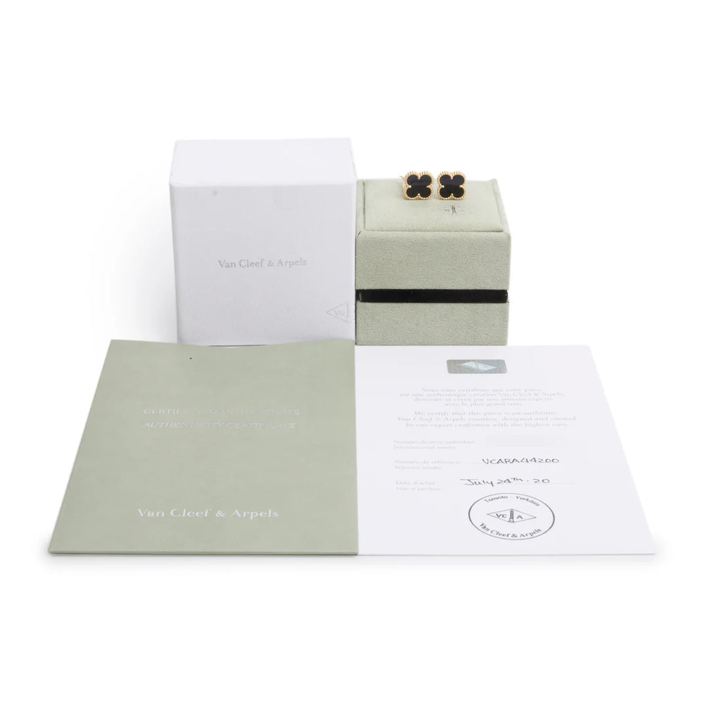 2020 18k Yellow Gold Vintage Alhambra Onyx Stud Earrings w/ Box &amp; Certificate