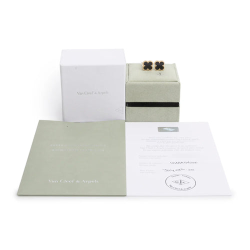 2020 18k Yellow Gold Vintage Alhambra Onyx Stud Earrings w/ Box &amp; Certificate
