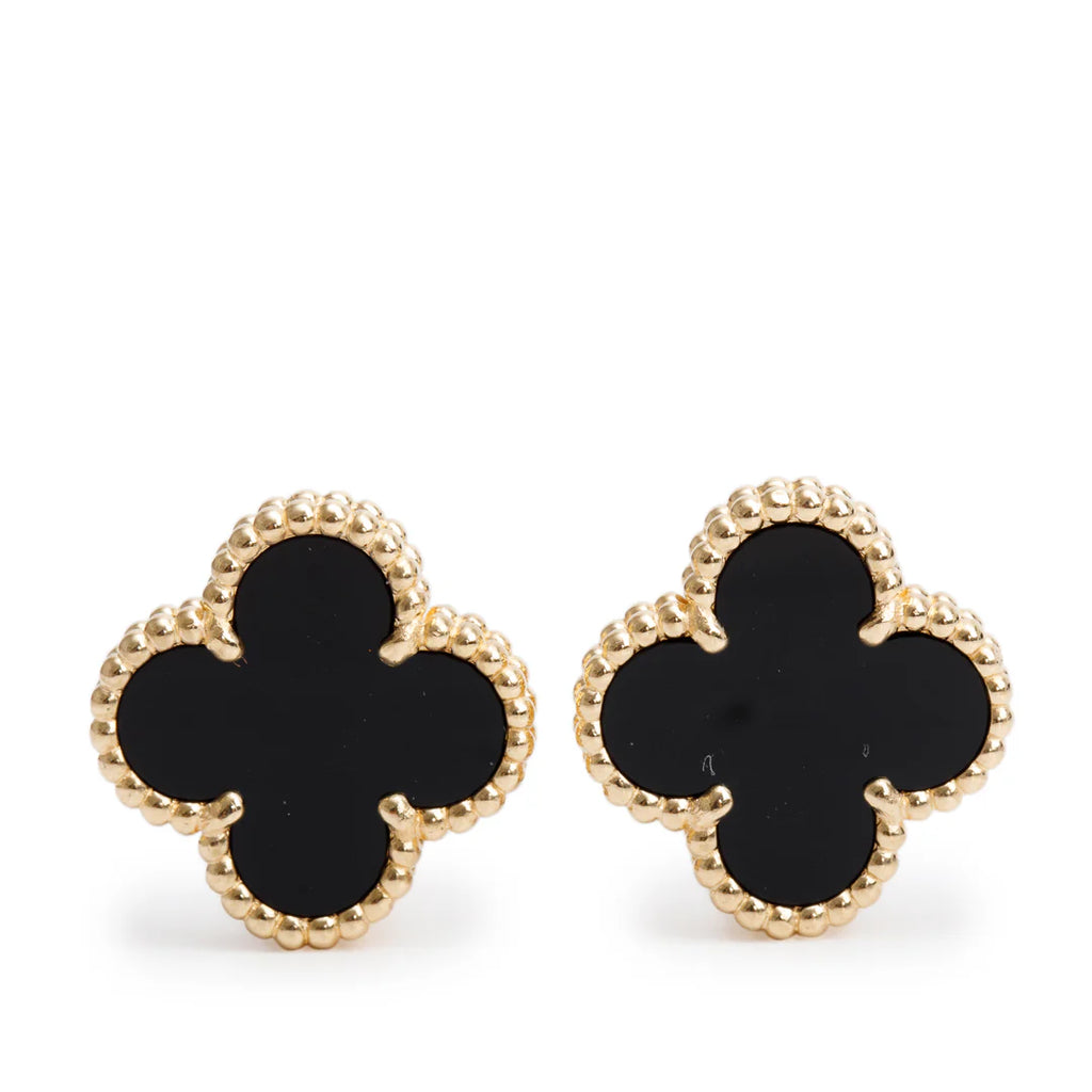 2020 18k Yellow Gold Vintage Alhambra Onyx Stud Earrings w/ Box &amp; Certificate