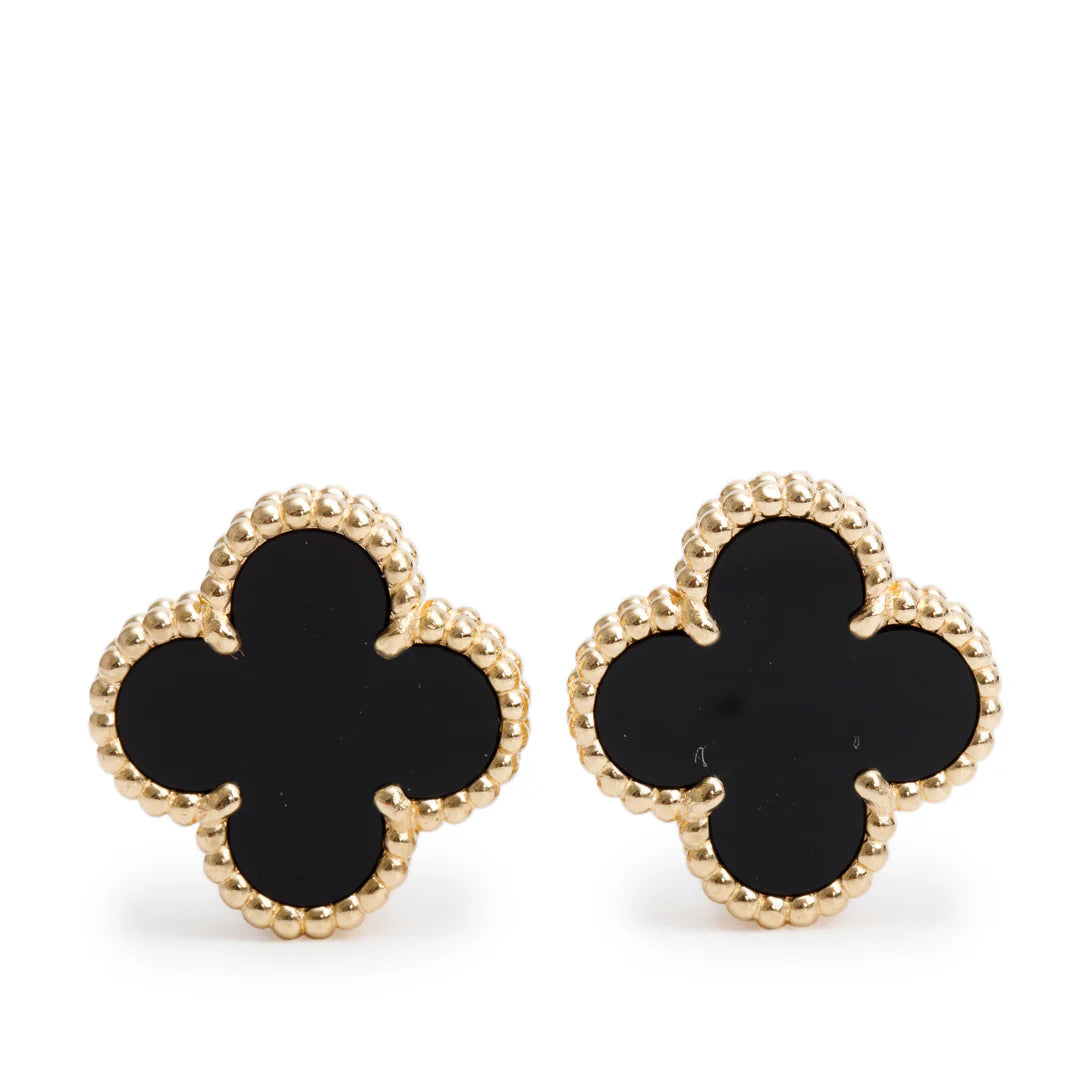 2020 18k Yellow Gold Vintage Alhambra Onyx Stud Earrings w/ Box &amp; Certificate