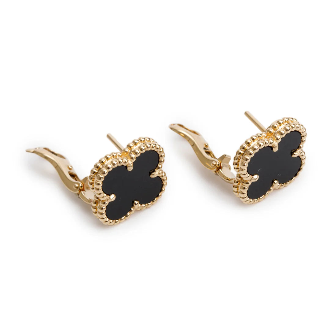 2020 18k Yellow Gold Vintage Alhambra Onyx Stud Earrings w/ Box &amp; Certificate