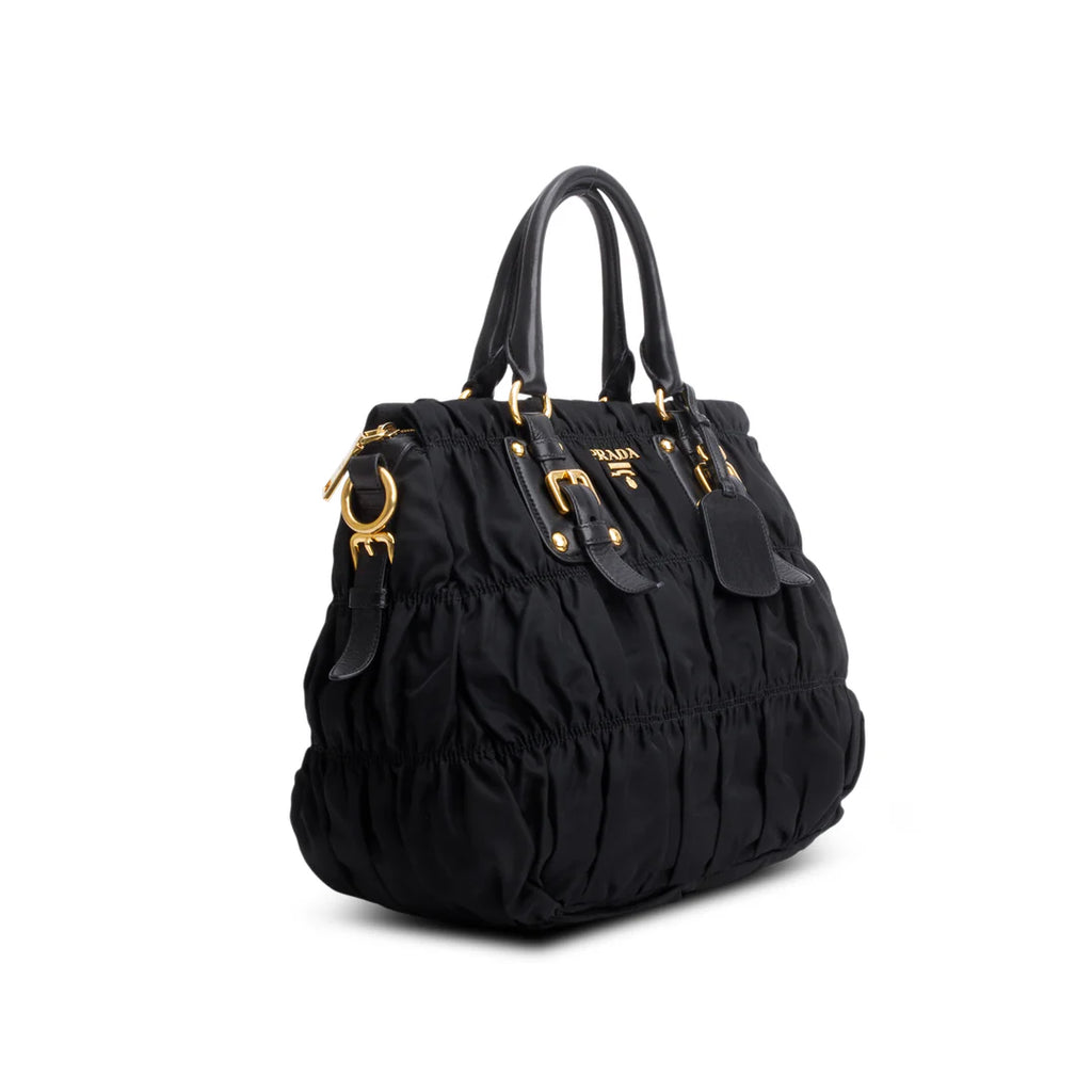 Black Leather-Trimmed Tessuto Gaufre Tote w/ Strap