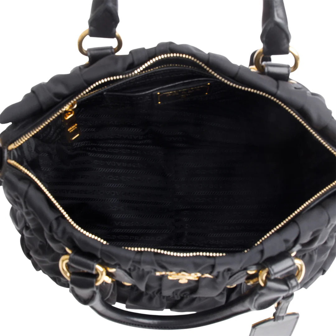 Black Leather-Trimmed Tessuto Gaufre Tote w/ Strap