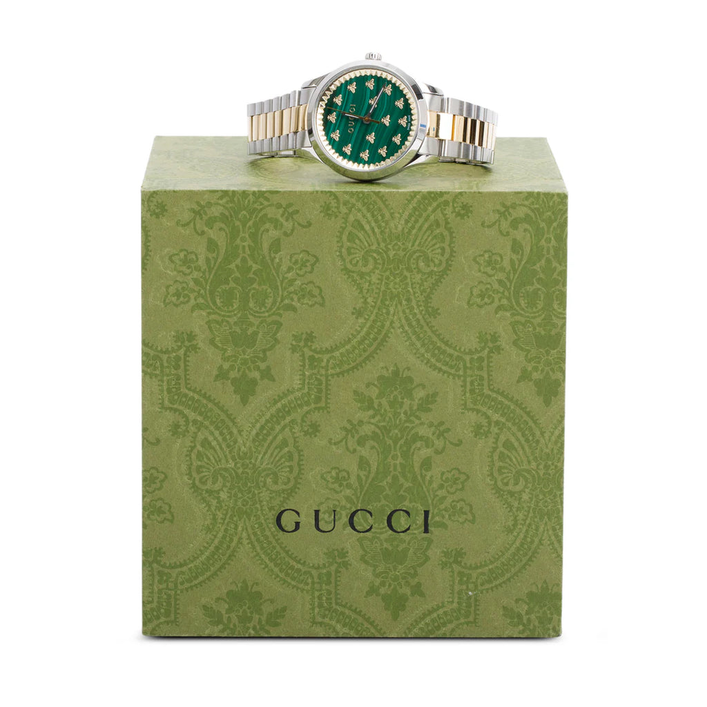 Stainless Steel &amp; 18k Yellow Gold G-Timeless 32 MM Quartz Watch Green Dial YA1265042 w/ Box