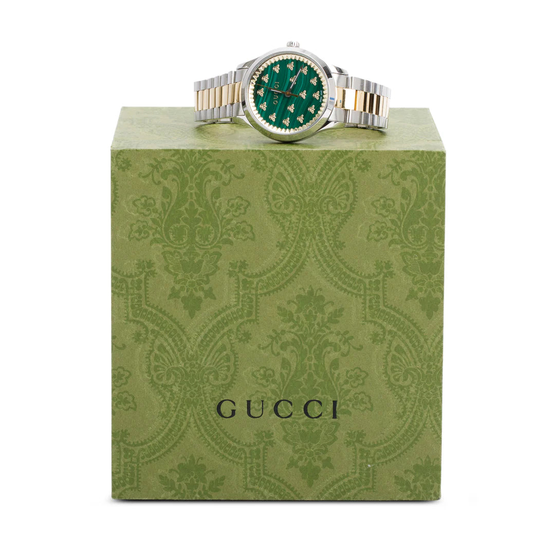 Stainless Steel &amp; 18k Yellow Gold G-Timeless 32 MM Quartz Watch Green Dial YA1265042 w/ Box