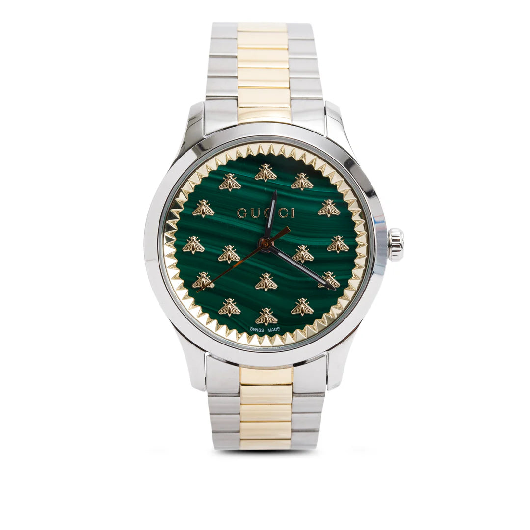 Stainless Steel &amp; 18k Yellow Gold G-Timeless 32 MM Quartz Watch Green Dial YA1265042 w/ Box