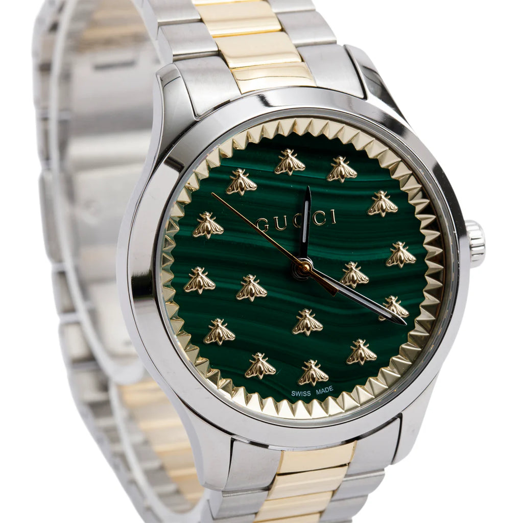 Stainless Steel &amp; 18k Yellow Gold G-Timeless 32 MM Quartz Watch Green Dial YA1265042 w/ Box