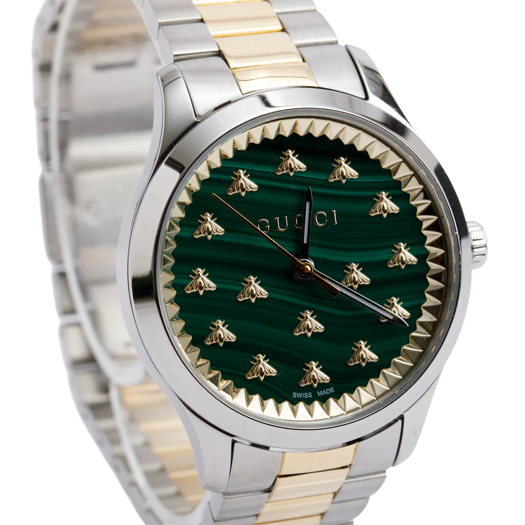 Stainless Steel &amp; 18k Yellow Gold G-Timeless 32 MM Quartz Watch Green Dial YA1265042 w/ Box