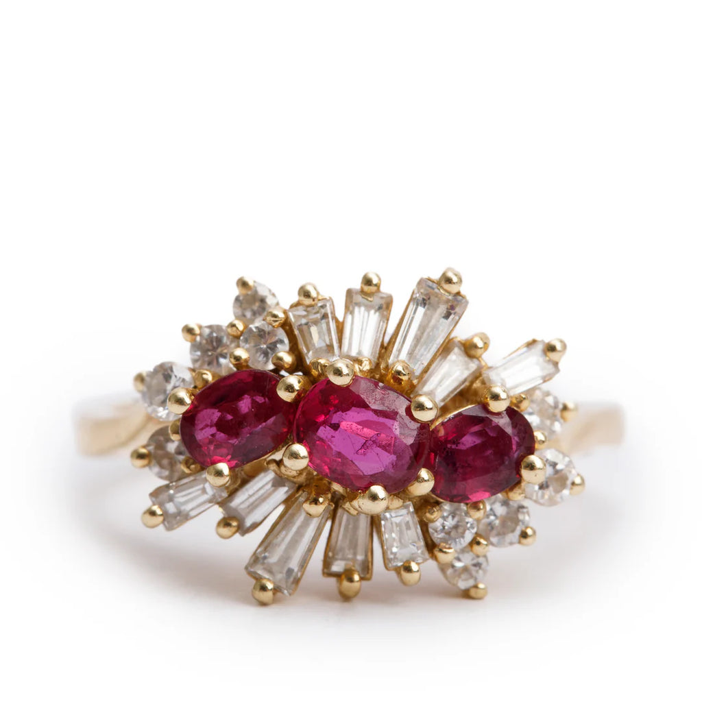 14k Yellow Gold Ruby and Diamond Cocktail Ring, Size 6.25