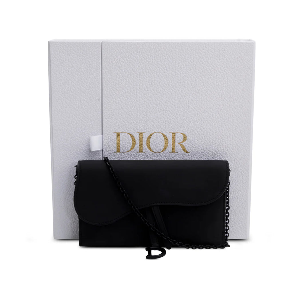2022 Black Ultra Matte Calfskin Saddle Chain Wallet Pouch w/ Box