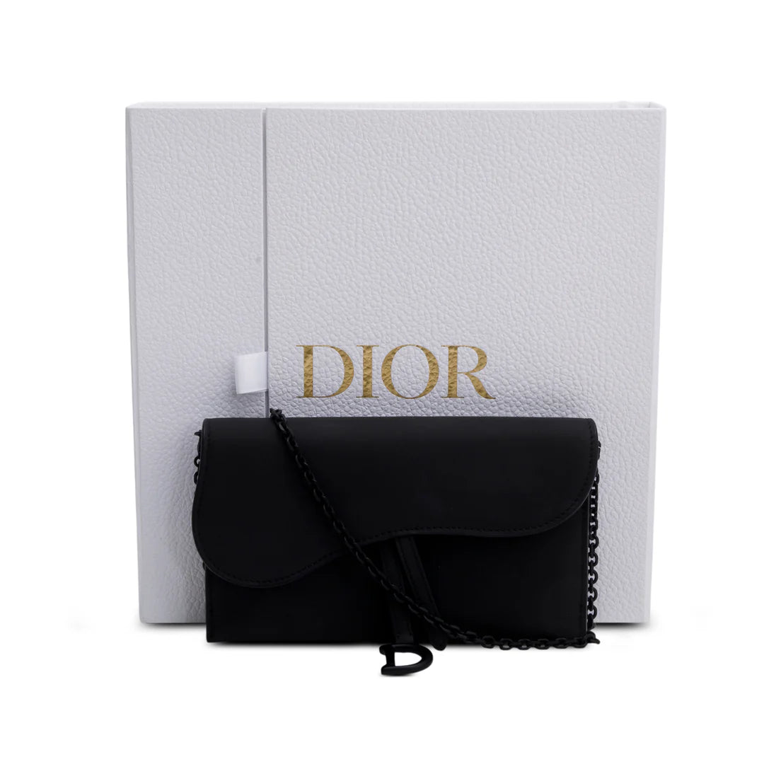 2022 Black Ultra Matte Calfskin Saddle Chain Wallet Pouch w/ Box