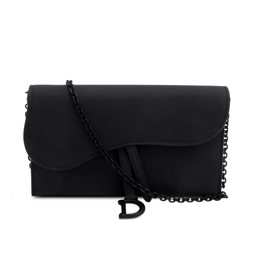 2022 Black Ultra Matte Calfskin Saddle Chain Wallet Pouch w/ Box