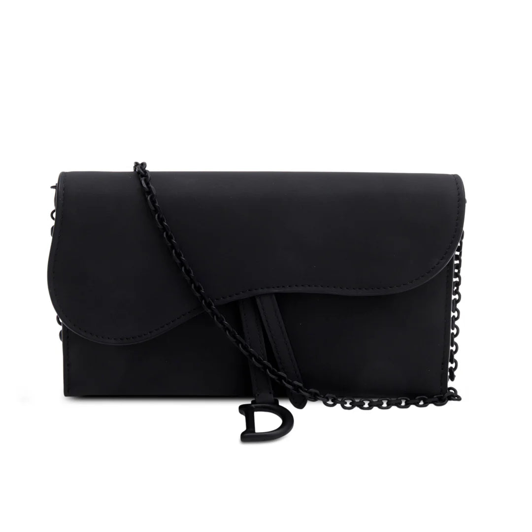 2022 Black Ultra Matte Calfskin Saddle Chain Wallet Pouch w/ Box