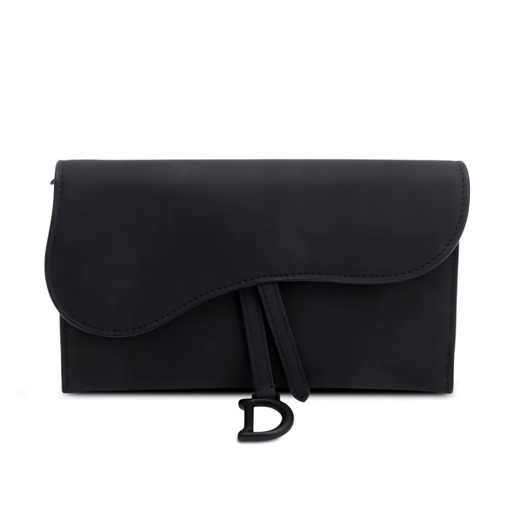 2022 Black Ultra Matte Calfskin Saddle Chain Wallet Pouch w/ Box