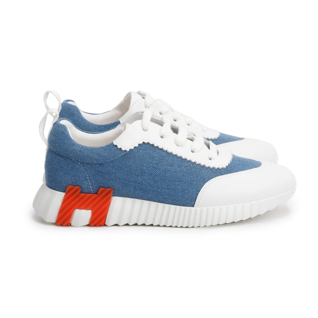 Blue Denim White Calfskin Bouncing Sneakers, Size 37