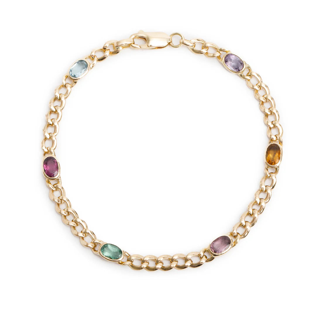Vintage 18k Yellow Gold Multi Color Gemstone Curb Link Bracelet
