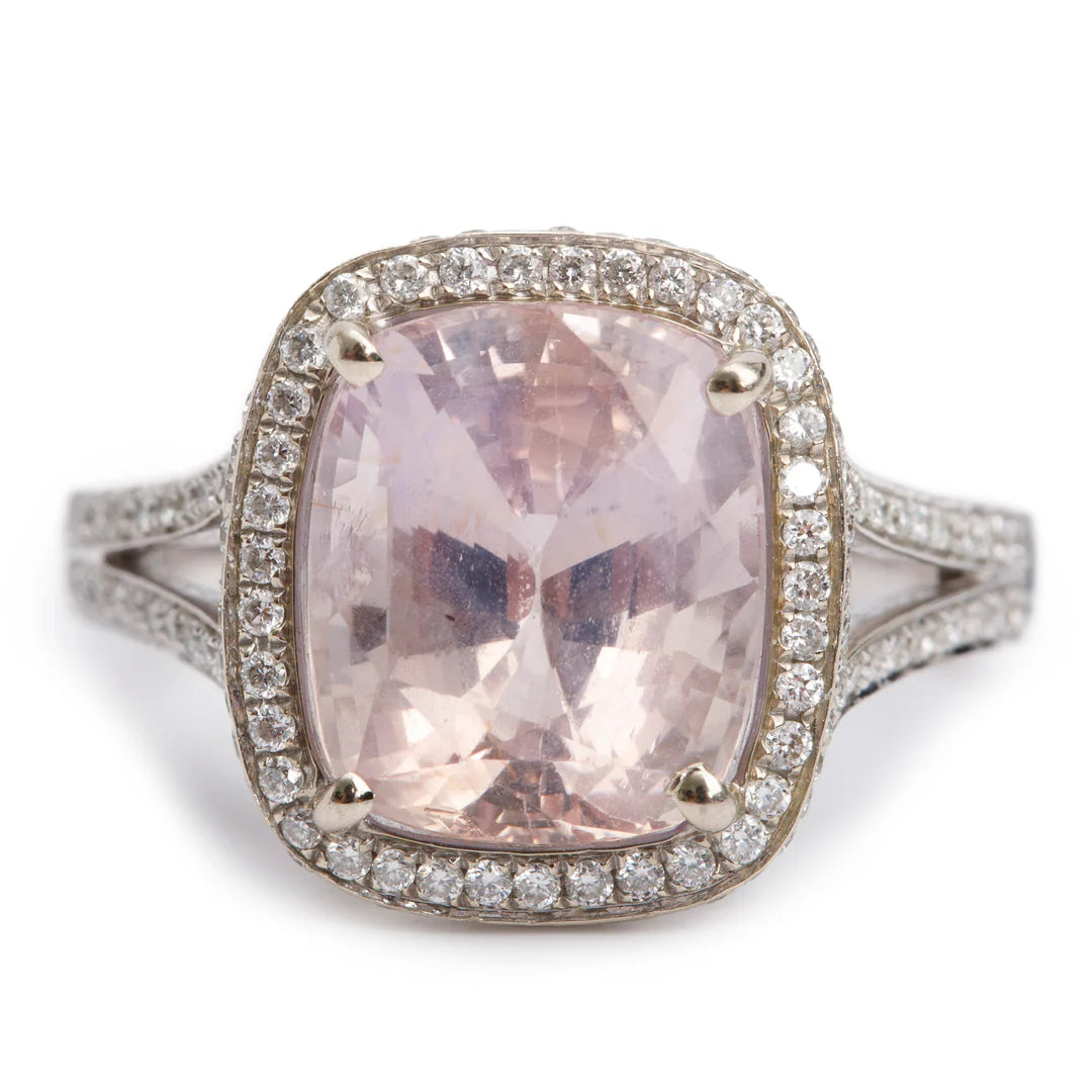 14k White Gold Pink Sapphire &amp; Diamond Cocktail Ring, Size 7.25