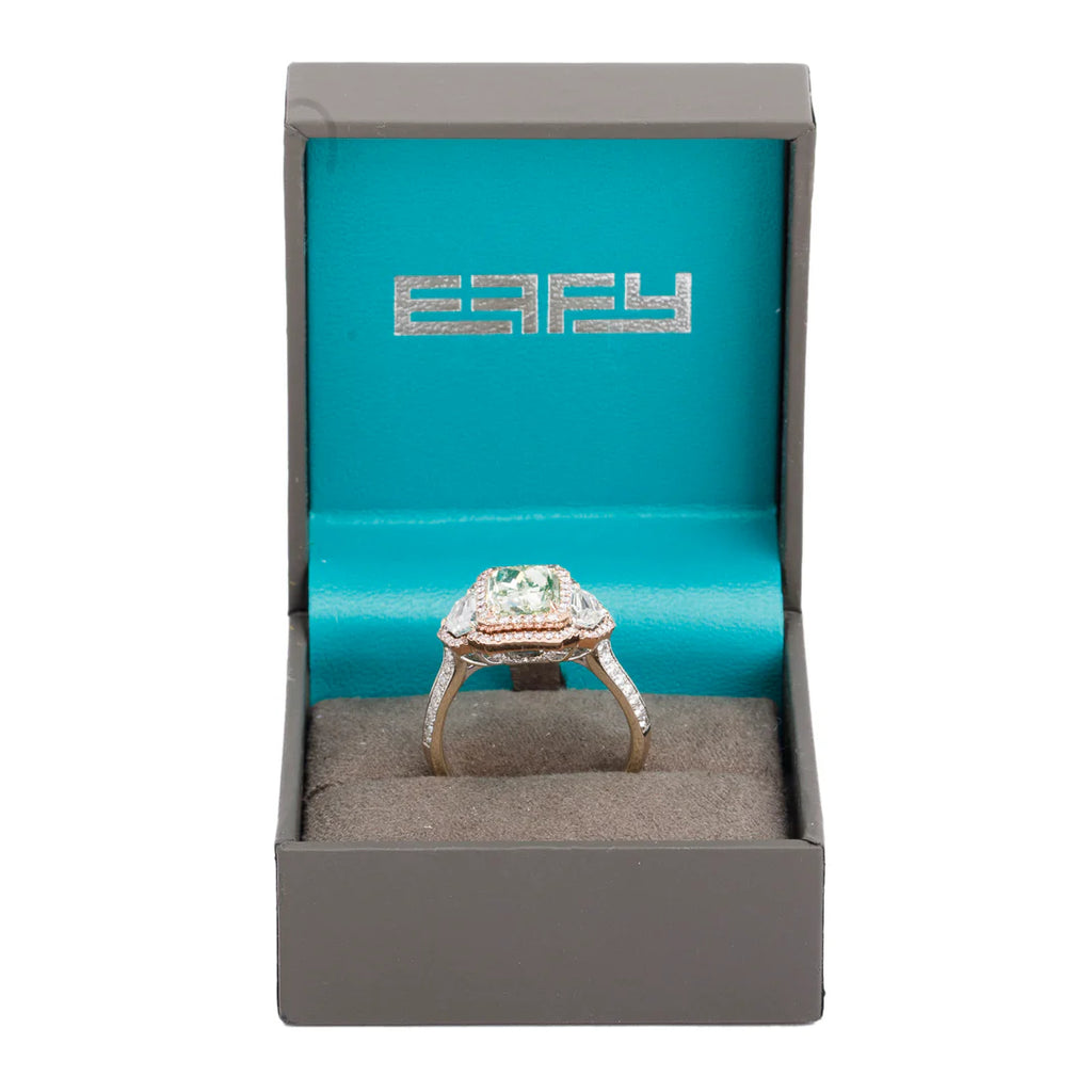 Effy 2023 14k White and Rose Gold 3.02 ct. Cushion Shaped Natural Green Diamond Cocktail Ring, Size 9.25 w/ Box, Receipt &amp; GIA Report