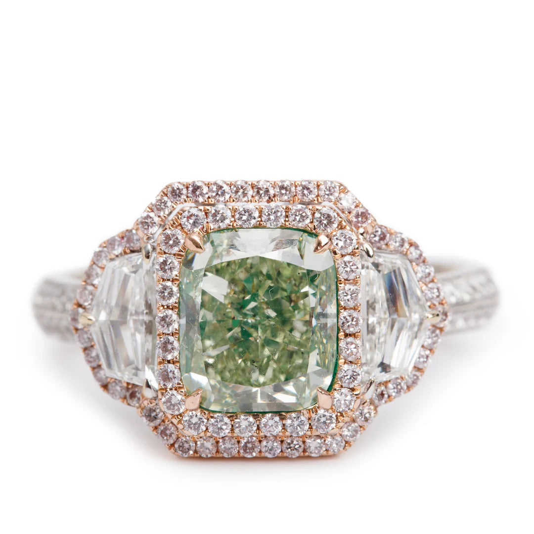Effy 2023 14k White and Rose Gold 3.02 ct. Cushion Shaped Natural Green Diamond Cocktail Ring, Size 9.25 w/ Box, Receipt &amp; GIA Report