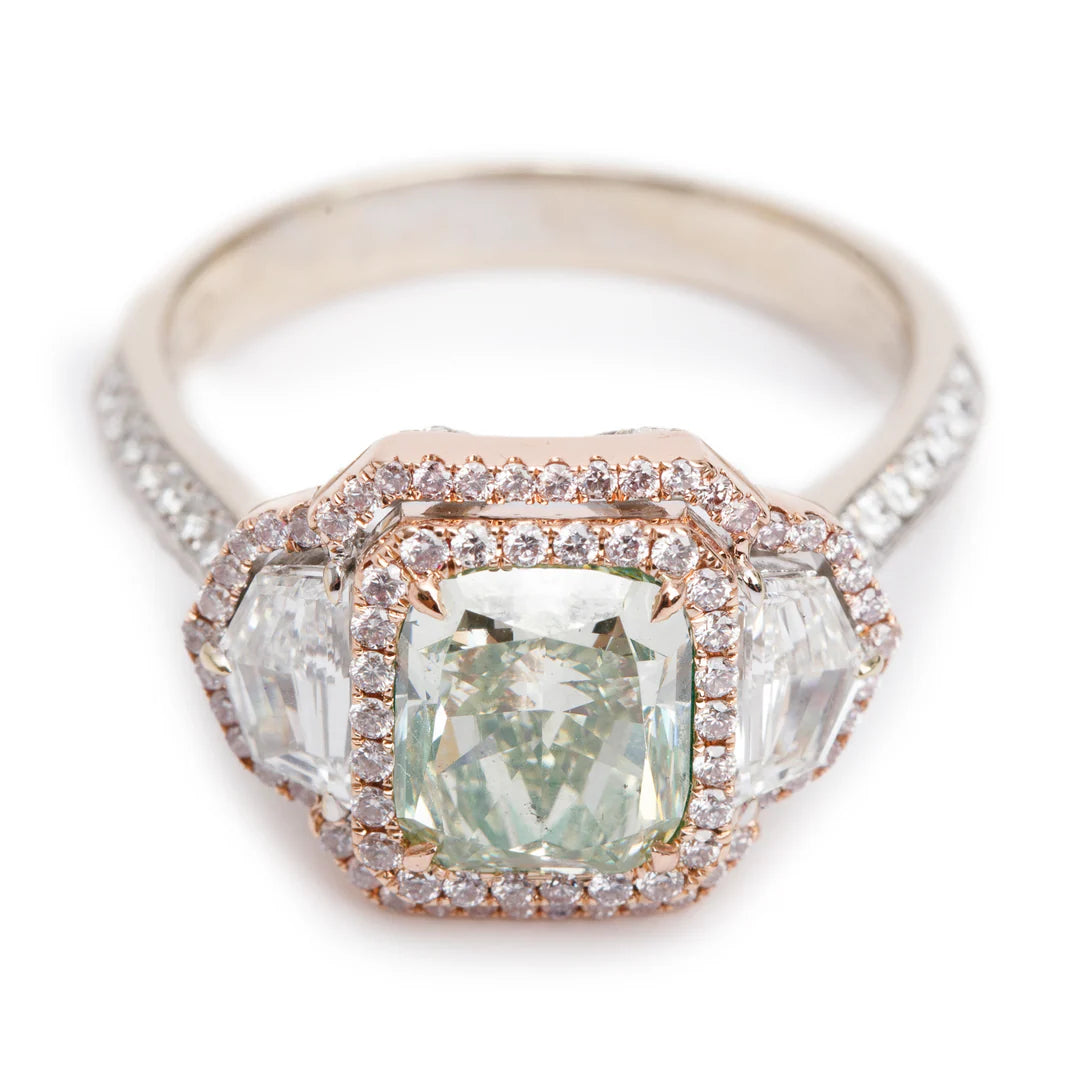 Effy 2023 14k White and Rose Gold 3.02 ct. Cushion Shaped Natural Green Diamond Cocktail Ring, Size 9.25 w/ Box, Receipt &amp; GIA Report