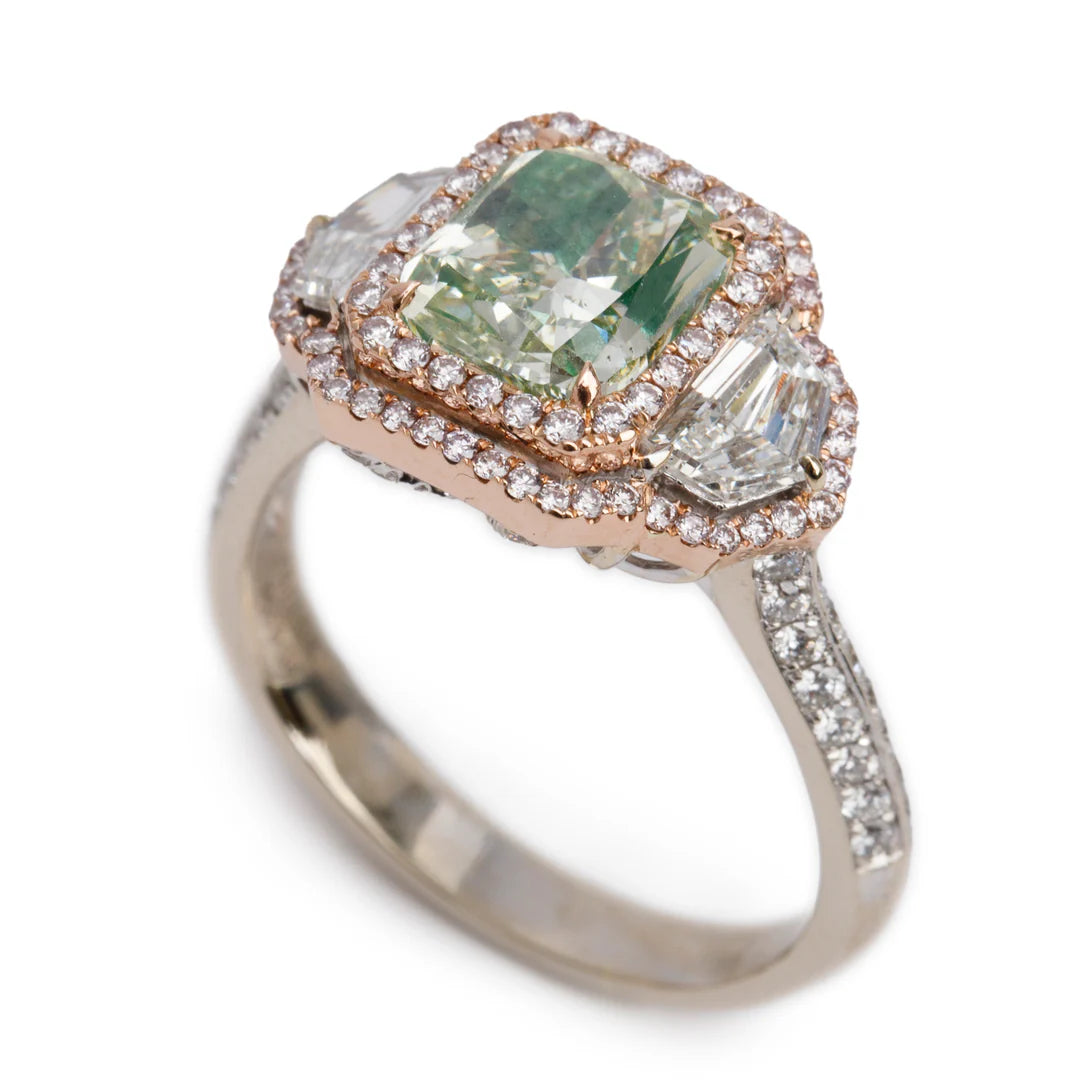 Effy 2023 14k White and Rose Gold 3.02 ct. Cushion Shaped Natural Green Diamond Cocktail Ring, Size 9.25 w/ Box, Receipt &amp; GIA Report