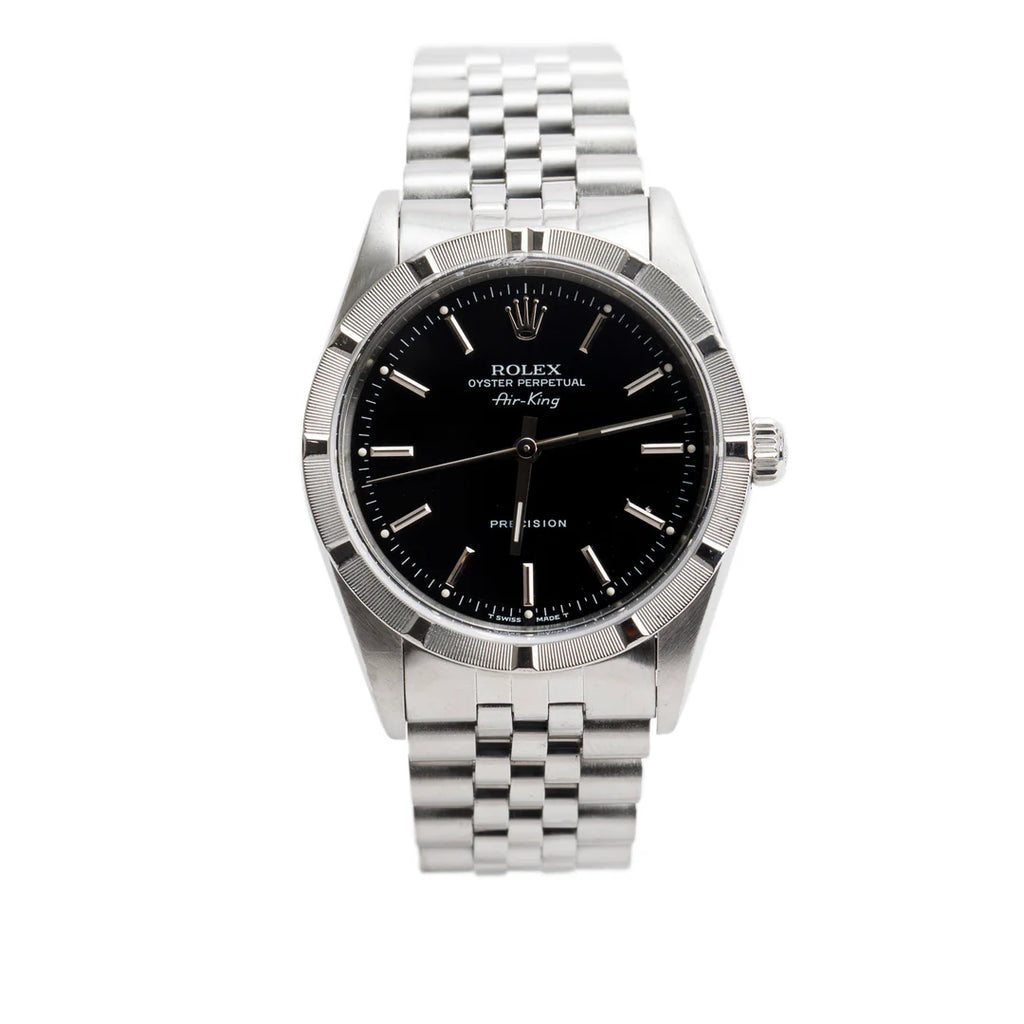 Stainless Steel Oyster Perpetual Engine Turned Bezel Air King 34 MM Watch Black Dial 14010