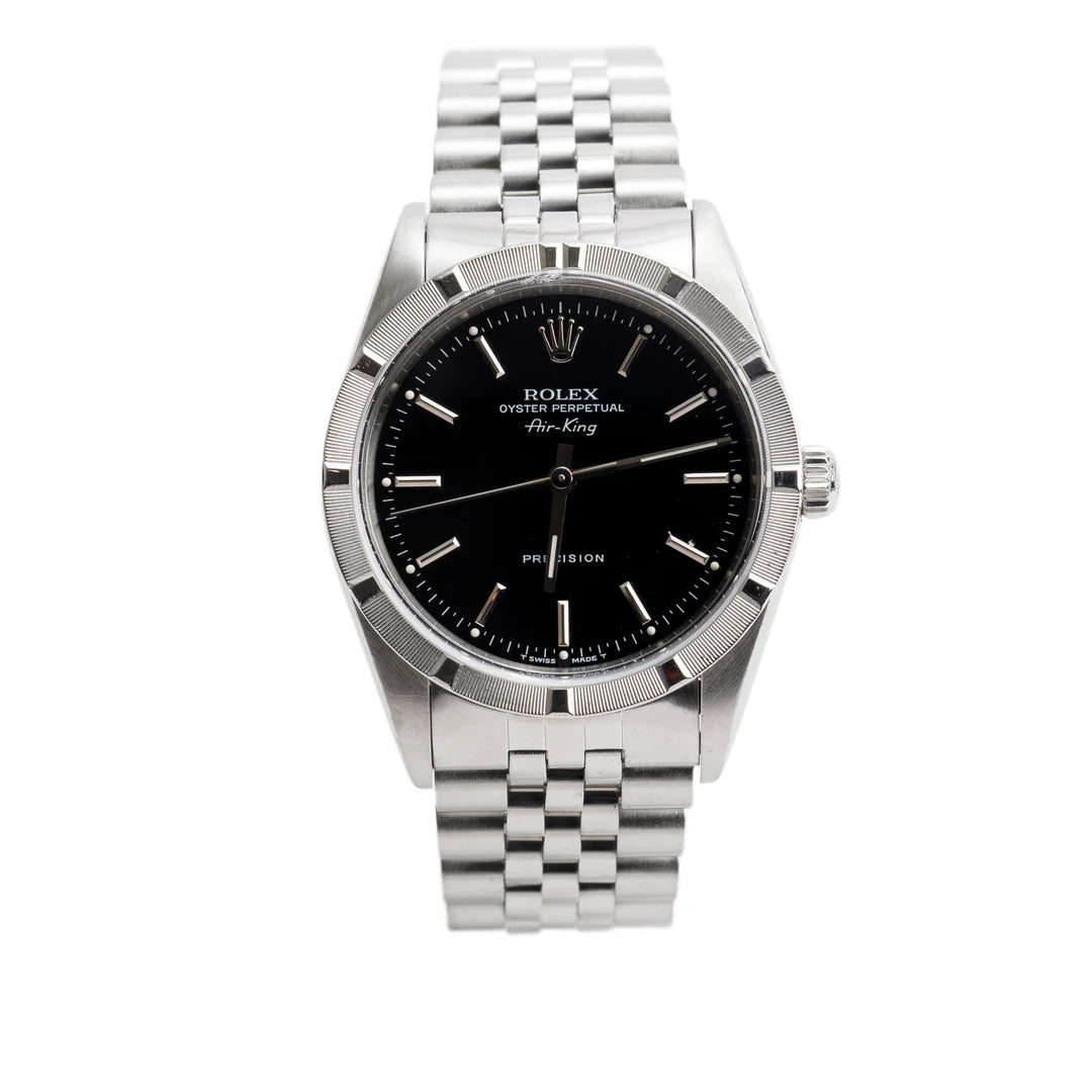 Stainless Steel Oyster Perpetual Engine Turned Bezel Air King 34 MM Watch Black Dial 14010