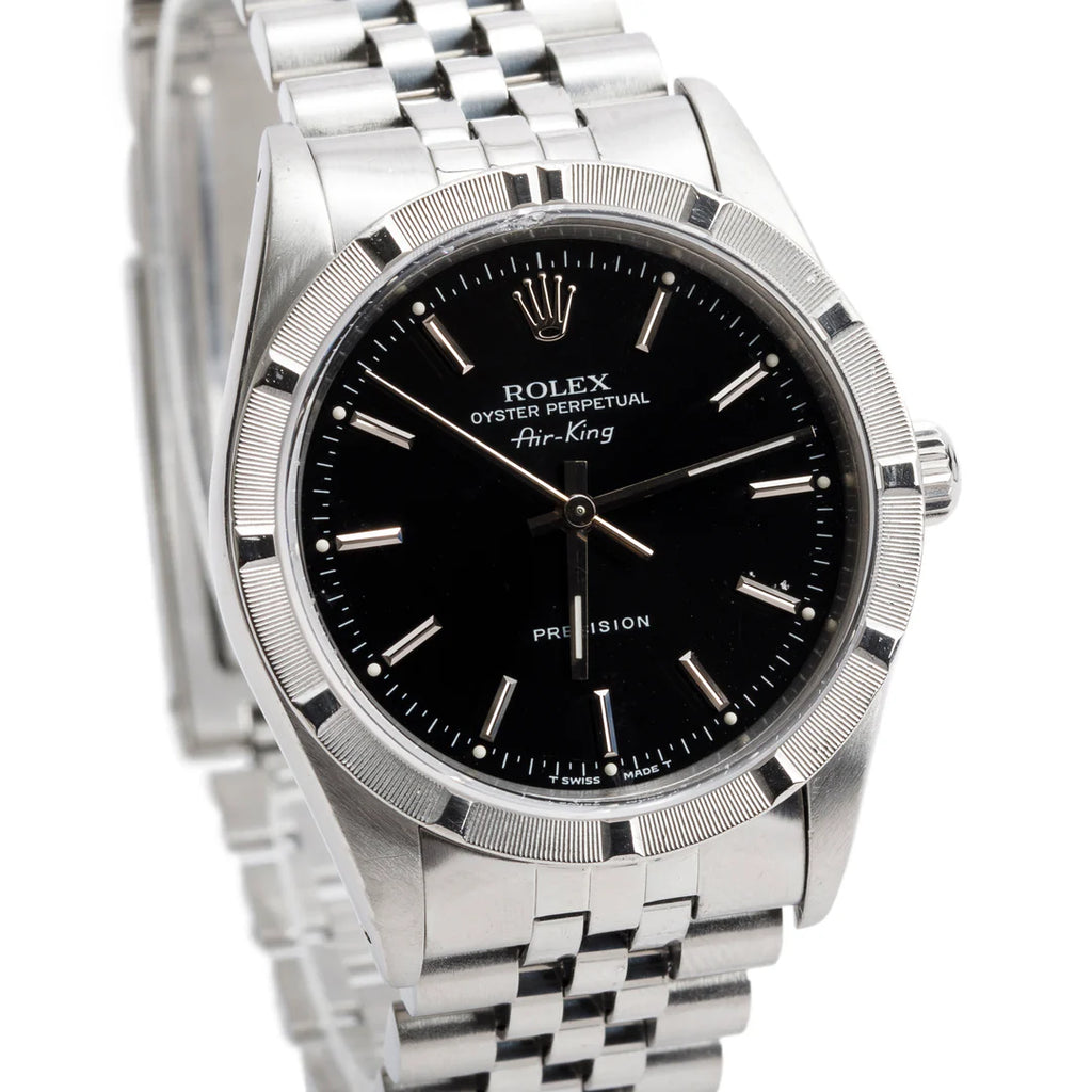 Stainless Steel Oyster Perpetual Engine Turned Bezel Air King 34 MM Watch Black Dial 14010