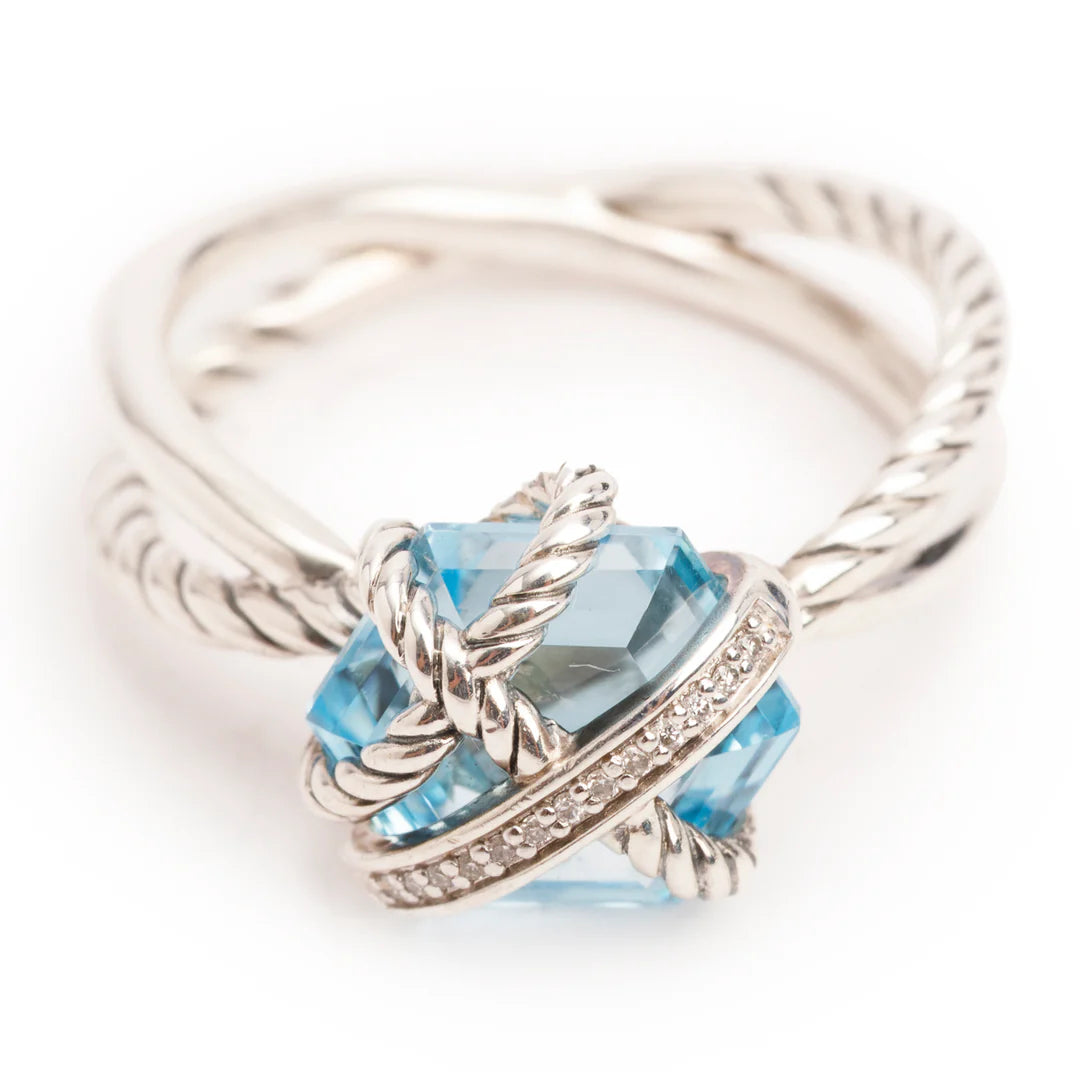 Sterling Silver Topaz &amp; Diamond Cable Wrap Ring 11 MM, Size 7.75