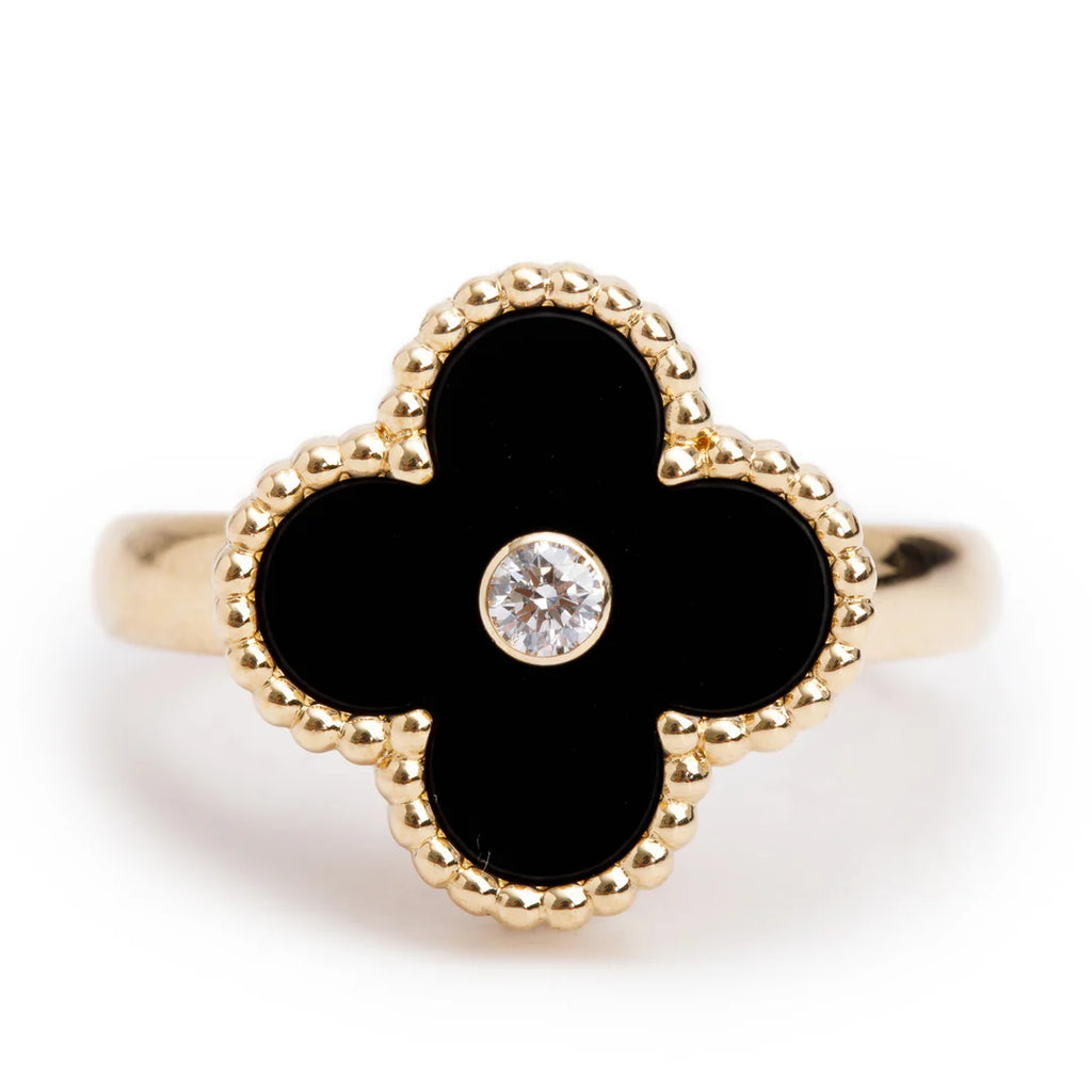 2022 18k Yellow Gold Onyx &amp; Diamond Vintage Alhambra Ring, Size 54 6.75 w/ Box, Certificate &amp; Receipt Coeur Cult Core