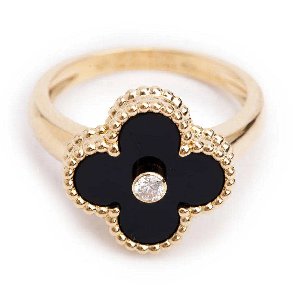 2022 18k Yellow Gold Onyx &amp; Diamond Vintage Alhambra Ring, Size 54 6.75 w/ Box, Certificate &amp; Receipt Coeur Cult Core