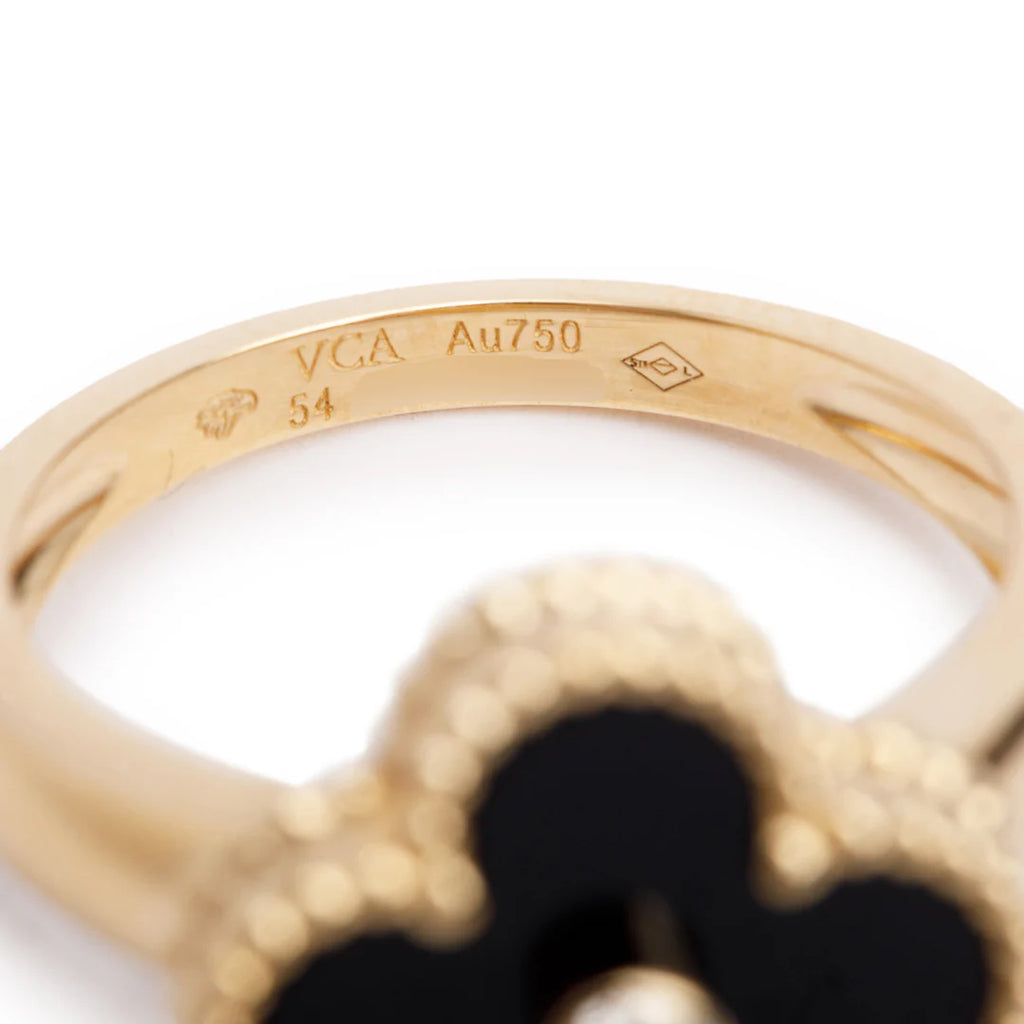 2022 18k Yellow Gold Onyx &amp; Diamond Vintage Alhambra Ring, Size 54 6.75 w/ Box, Certificate &amp; Receipt Coeur Cult Core