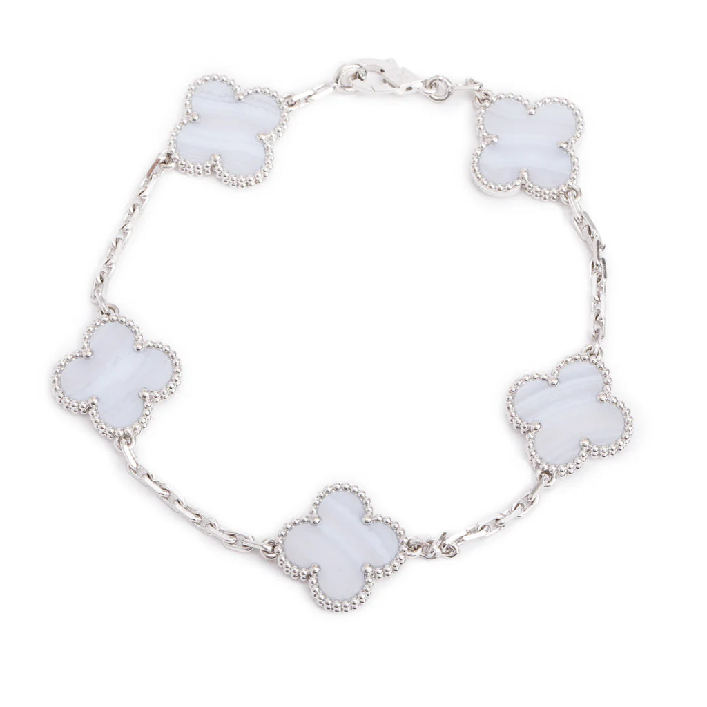 2023 18k White Gold Vintage Alhambra 5 Motif Chalcedony Bracelet w/ Pouch &amp; Receipt